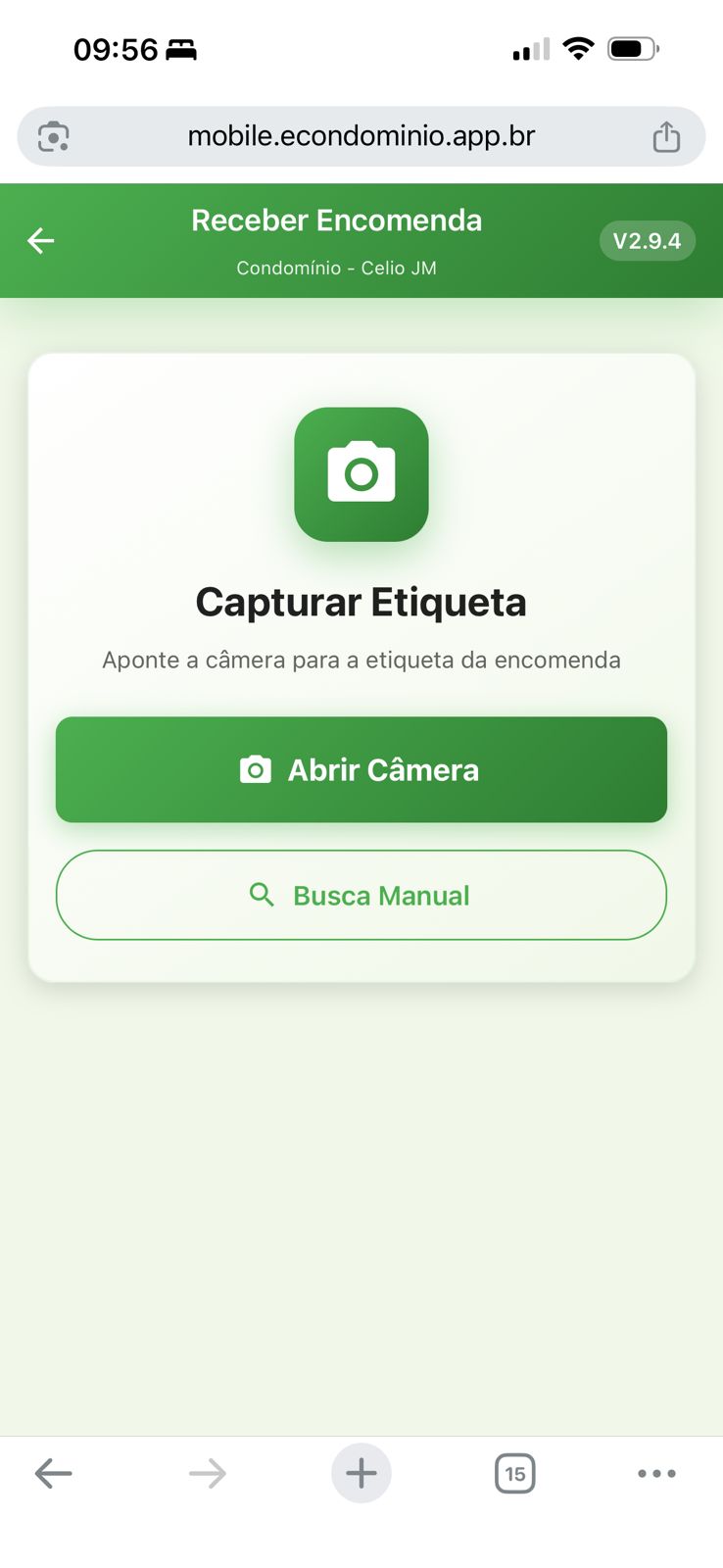 Tela de captura de etiqueta com botões Abrir Câmera e Busca Manual