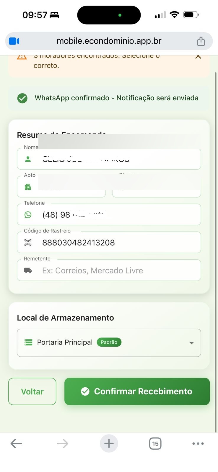Tela de confirmação com dados do morador e botão Confirmar Recebimento